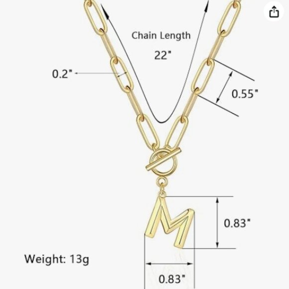 Toggle Clasp Capital M Initial Necklace Plated Brass - Picture 4 of 4